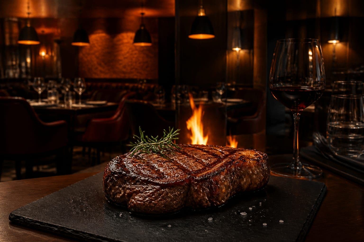 Corte de carne grelhado servido no Beefy, com ambiente aconchegante ao fundo